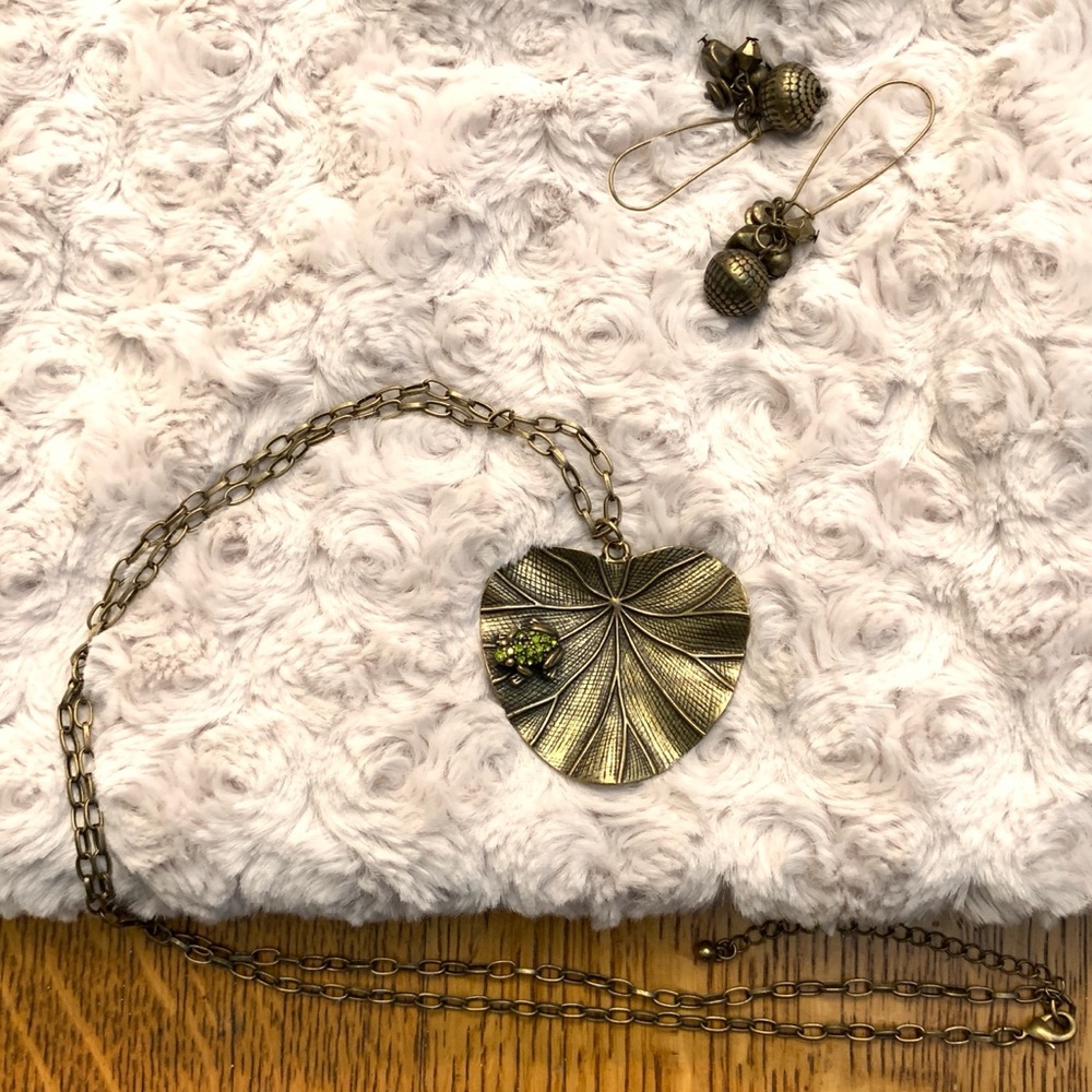 Earrings & Pendant w/ frog atop lilypad